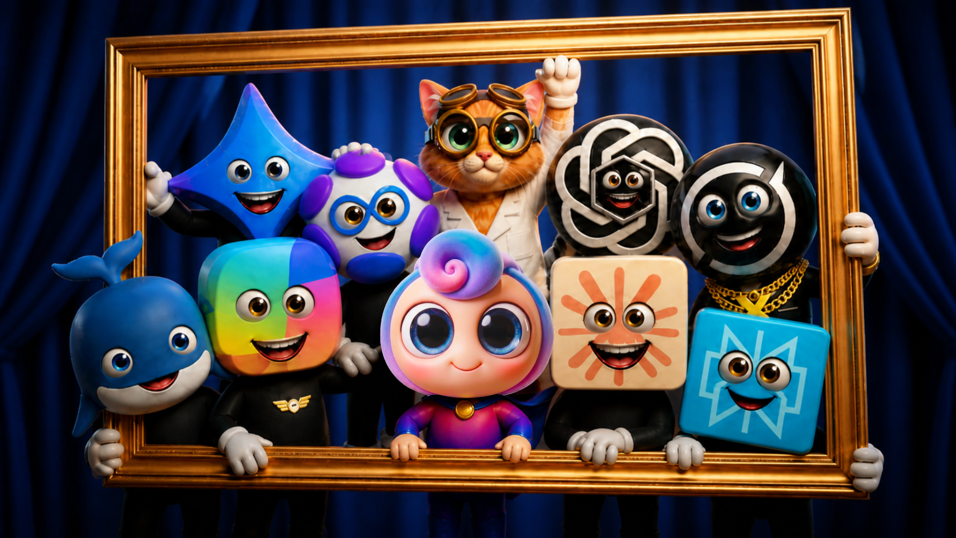 The OpaHiAI cast — AI bots as cartoon characters in a golden frame